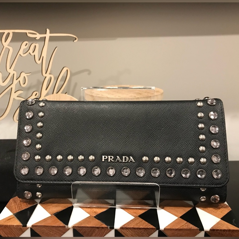 ‼️SALE‼️ *EUC* Prada Black Saffiano Leather Wallet w/Swarovski Crystals - Picture 1 of 5